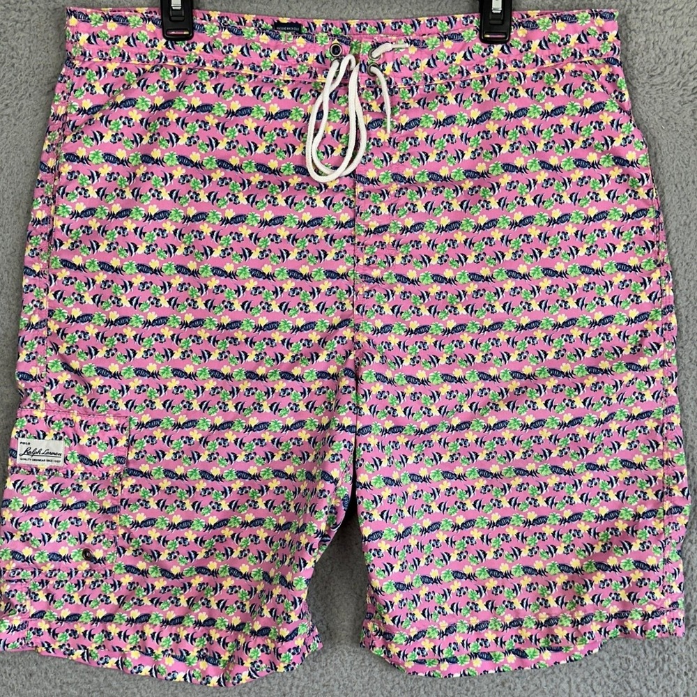 Polo Ralph Lauren Swim Trunks Men Large Pink Tropical Fish Print Mesh Lined Logo